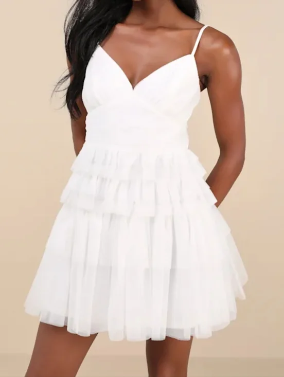 Lulus XS Special Poise White Tulle Pleated Sleeveless Tiered Mini Dress, Size XS - Picture 1 of 10